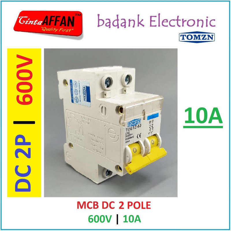 10A - TOMZN MCB DC 2P 600V C10 10A Circuit Breaker Solar Panel Surya